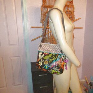 Vtg Y2K Fossil Key-Per Coated Canvas Crossbody Shoulder Bag Hobo Funky Bird Art